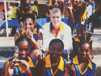 Netball champions of the day. Back: Karabo Lethoba, Deborah Okwelume and Kamohelo Nhlengethwa. Middle; Ntando Zabane, Miss A van den Berg and Nthabeleng Matabane. Front: Quueneth Dlamini, Boitumelo Sithole and Mpilo Manana.