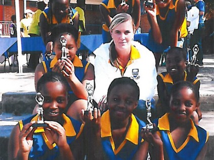 Netball champions. Front: Quueneth Dlamini, Boitumelo Sithole and Mpilo Manana. Middle: Ntando Zabane, Miss A van den Berg and Nthabeleng Matabane. Back: Karabo Lehoba, Deborah Okwelume and Kamohelo Nhlengethwa.