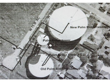 FROM ABOVE: One reservoir now in existence (Old Palm Ridge), the new resevoir in New Palm Ridge is still to be implemented. The tower in the centre supplies water to the Palm Ridge area.