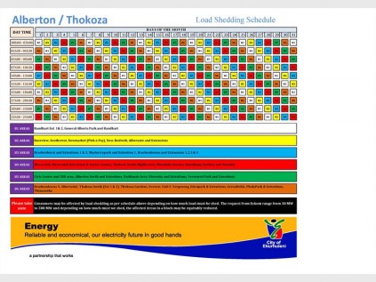 LOAD SHEDDING: Schedule for load shedding in Alberton and Thokoza.