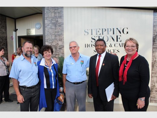 WORKING TOGETHER: AMCARE staff and administration, Tersia Burger, Gavin Lewis, and Percy Howroyd pose with Councillor Bruna Haipel and Reverend Gift Moerane after the tour.
