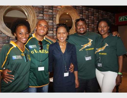 SMILES AS BOKS WIN: Mellica Nkosi (Rennies Travel), Lesley Maele (Springs), Nelly Simelane (Springs), Luyanda Mlotywa (Lombard East) and Xoliswa Njokweni- Mlotywa (Lombardy East) were all smiles at the Boksburg Fan Village after the Springboks beat Samoa 46-6.