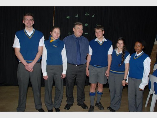 GRADE 11 ACHIEVERS: Marais Viljoen pupils who attended General Alberts Primary School were surprised to see their primary school principal there to celebrate their academic achievements with them. They are Brandon Wood (grade 11), Lourika van Nieuwenhuyzen (grade nine), Leon Steenkamp (principal of General Alberts Primary), Werner Steenkamp (grade 10), Kira Voges (grade nine) and Buhle Ngcobo (grade nine).