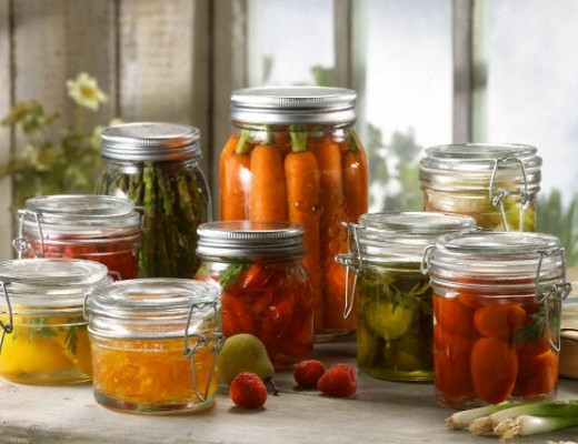 Variety of fruit and vegetables pickled in jars --- Image by © Gene Koehler/Corbis
