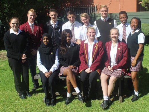 MATRIC LEADERS: Seated, from left: Aarifah Peerbhai, Tshepiso Lamoen, Dante Lewin (Head Girl ) and Britney Appleton. Standing: Kelly Kruger, Keegan Phillips, Devon Mac Donald, Tristan Hughes, Cristopher Stephenson (Head Boy), Jarrod Poulton, Katlego Mokgoto (Deputy Head Boy) and Rendani Manyatshe (Deputy Head Girl).