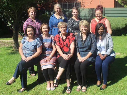 TEACHERS: Front: Mrs Sam Bentley, Mrs Susan Stock (HOD FET), Mrs Karen van der Schyf (Principal), Mrs Leonie van der Merwe (HOD GET) and Ms Vuyo Pangeni; Back: Mrs Reinette Fischer, Ms Elke van Wyk, Mrs Valery Fleischman and Ms Shanel Meyer.
